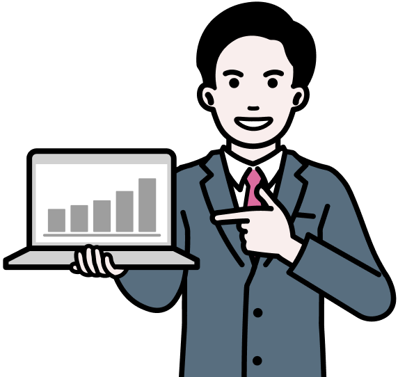 棒グラフが映し出されているノートパソコンを持っている男性のイラスト