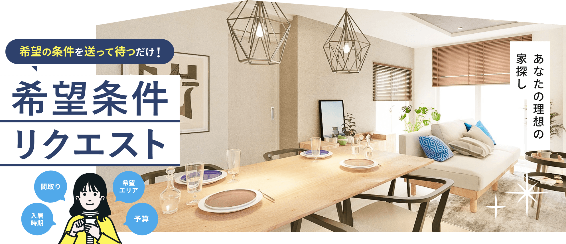 あなたの理想の家探し 間取り 入居時期 希望エリア 予算 希望の条件を送って待つだけ 希望条件リクエスト
