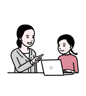 女性に教えられながらパソコンを操作する女の子