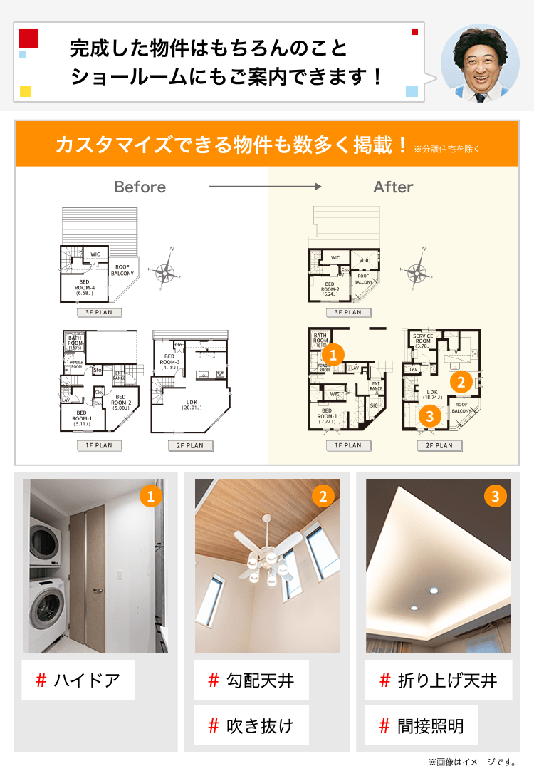 完成した物件はもちろんのことショールームにもご案内できます！ カスタマイズできる物件も数多く掲載！ ※分譲住宅を除く